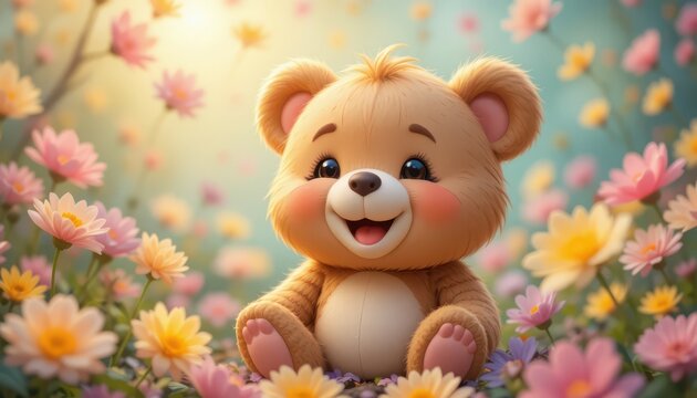 Adorable cartoon teddy bear sitting happily in a vibrant field of pink and yellow daisies