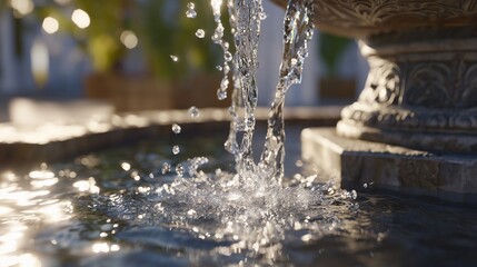 Clear water flows from the ornate fountain, splashing into the waiting pool below. The cascading water creates ripples in the basin, shimmering in the bright sunlight.