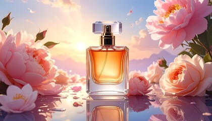 Perfume bottle centerpiece amidst flowers, illuminated by golden light