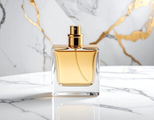 Perfume bottle on marble. Elegant fragrance presentation