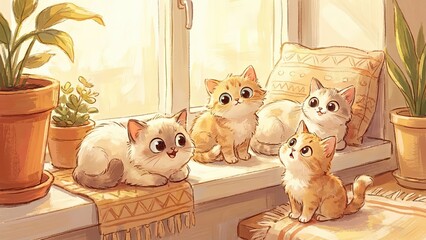 Cozy Gathering of Kittens: A heartwarming illustration of adorable kittens gathered around a sunlit windowsill, exuding a sense of warmth and tranquility. 