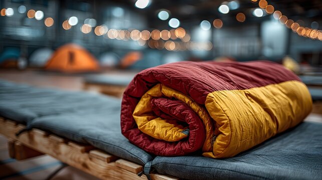 Neatly rolled red and yellow sleeping bag resting on a cot in a large blurred gymnasium shelter with soft ambient indoor lighting style.