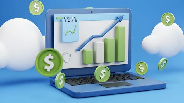 Financial growth chart on laptop screen with dollar coins and clouds representing cloud computing success