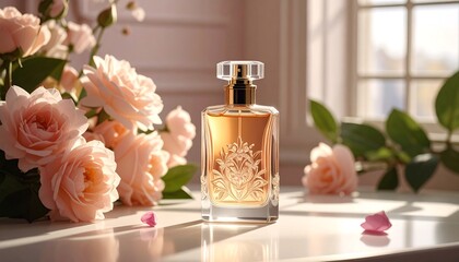 Perfume bottle with golden accents, roses, and sunlight on a table