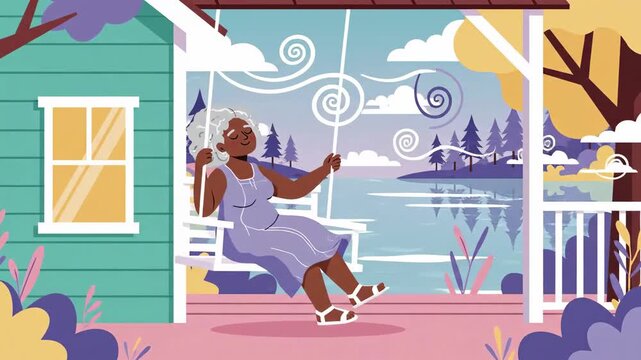 Senior Woman Enjoying Gentle Swing On Porch With Serene Lake View Vector Illustration