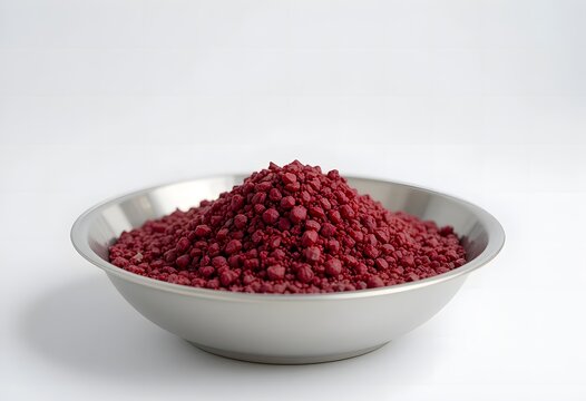 Vibrant red granular substance forming a conical pile in a metallic bowl. beet pulp