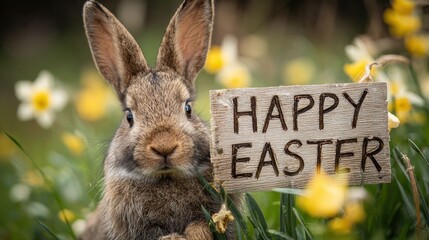 Happy Easter bunny and Sign: An adorable bunny rabbit is surrounded by daffodils, holding a Happy Easter sign. This image radiates the joy of spring and the celebration of Easter.