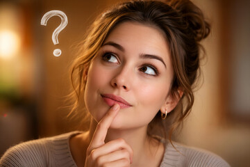 Thoughtful Reflection: A woman gazes upward, a question mark hovering above her, lost in contemplation. Her expression suggests deep thought and introspection.