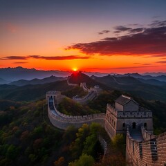 Majestic Sunrise over the Great Wall of China.