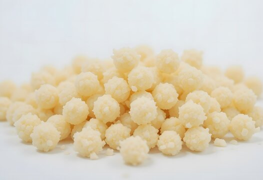 A close-up view of traditional italian fregola sarda pasta piled on a white surface. beet pulp
