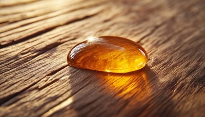 Extreme Macro of a Golden Honey Drop Resting on a Natural Wooden Surface, Rich Amber Tones, Organic Texture, Soft Reflections, Hyper-Realistic Detail, Artistic Composition Focused on Color Depth, Mate