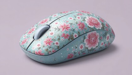 Vintage Style Computer Mouse with a Light Blue Rose and Flower Pattern Illustration