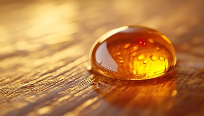 Extreme Macro of a Golden Honey Drop Resting on a Natural Wooden Surface, Rich Amber Tones, Organic Texture, Soft Reflections, Hyper-Realistic Detail, Artistic Composition Focused on Color Depth, Mate
