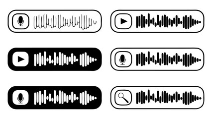 Voice message icon collection, audio waveform with microphone and play button in chat bubble, sound wave vector illustration.