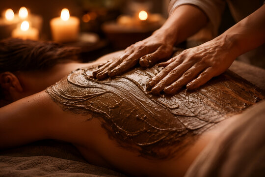 Rejuvenation Ritual: Close-up of hands applying soothing mud to a person's back. Calm and relax atmosphere, surrounded by gentle candlelight.