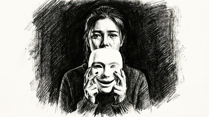 Unveiling of the Soul: A poignant illustration of a person holding a smiling mask, juxtaposed with visible emotional turmoil.