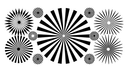 Set of sunburst or fireworks design elements in various shapes and sizes, graphic explosion radial lines for festive decorations vector illustration. 
