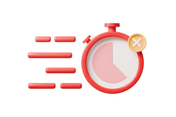 3d stopwatch icon. delivery failure concept. minimal cartoon speed lines cancel badge countdown for order tracking. isolated on white transparent background. 3d render.