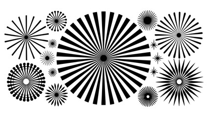 Set of sunburst or starburst design elements in various shapes and sizes, graphic explosion radial lines for festive decorations.