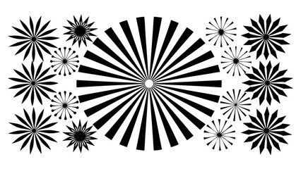 Set of decorative sunburst or floral design elements in various shapes and sizes, graphic explosion, radial lines for festive decorations, vector illustration. 