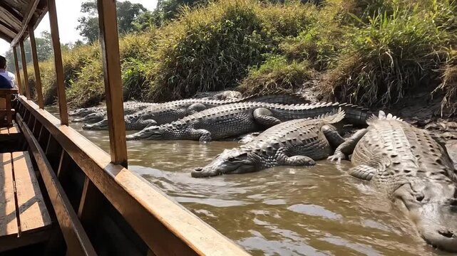 Observing a group of large crocodiles resting on a muddy riverbank from a boat during a wildlife expedition.