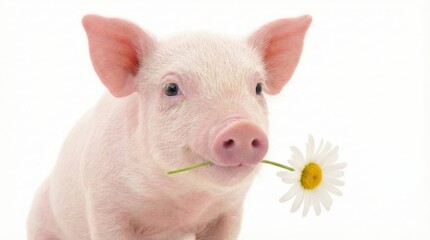 Adorable young pig smiling with a daisy flower in its mouth showcasing cute animal portrait in a vibrant farm nature setting