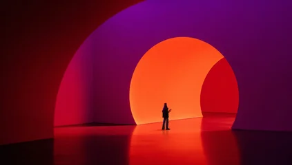 Fotobehang Kunst Minimalist mixed media with human figure inside abstract color tunnel. Concept of modern exhibition design, immersive installation, creative spaces, contemporary art venues and visual storytelling.  © Lustre Art Group 