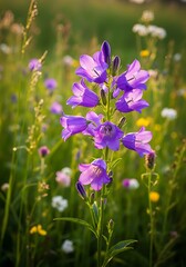 Purple Bellflower Blooms in a Sunny Meadow.