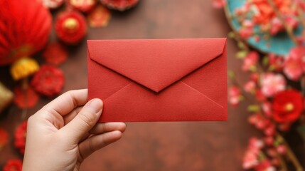 Festive Red Envelope: A close-up shot of a hand holding a vibrant red envelope, a symbol of joy and prosperity amidst a colorful backdrop of cultural decorations. 