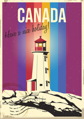 Canada Cape Mudge Lighthouse Tourist Attraction Postcard, Cape Mudge Illustration. Vector Template Retro Style Greeting Card, 1970s - 1980s Vintage Color Stripes, Aged Paper Texture