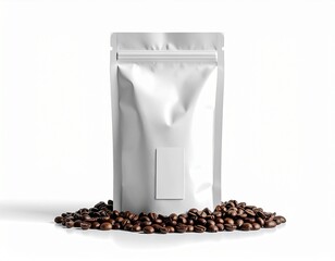 Coffee Packaging with Beans Isolated on White Background
