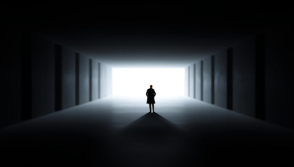Minimalist design with lone figure facing bright light corridor in dark space. Concept of new...