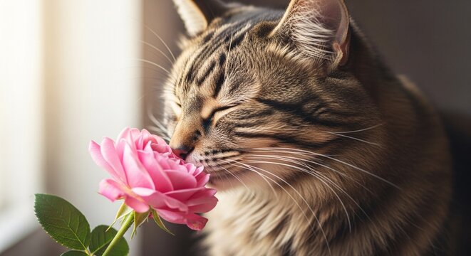 Adorable tabby cat enjoys the sweet fragrance of a beautiful pink garden rose on a sunny afternoon
