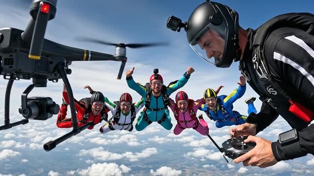 Skydivers Form Formation While Drone Captures Aerial Footage.