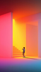 Naklejka na ściany i meble Vibrant poster with woman entering colorful geometric light space. Concept of creative journey, lifestyle exploration, modern brands visuals, youth culture campaigns and advertising communication.