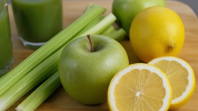 Fresh green apples, celery stalks, and sliced lemons are arranged on a wooden cutting board, with a glass of green juice in the background.