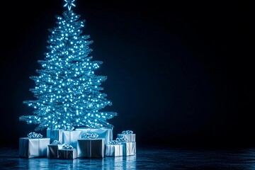 Christmas tree illuminated by cool blue LED lights with wrapped presents underneath