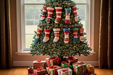 Christmas tree decorated entirely with colorful socks and surrounded by wrapped gifts