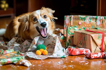 Excited family dog joyfully tearing apart wrapping paper during a festive holiday celebration at home