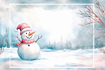 Snowman levitating in a snowy landscape with a red scarf and cheerful expression