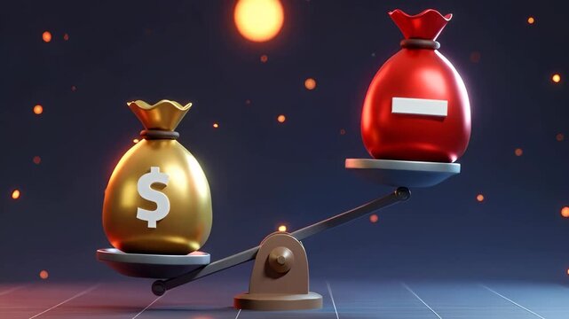 Golden money bag with dollar sign outweighs red bag on financial balance scale digital concept