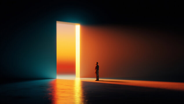 Surreal artwork with man standing before glowing open doorway. Concept of opportunity, life change, courage at turning point, strategic choice, personal growth and business decision making visuals.