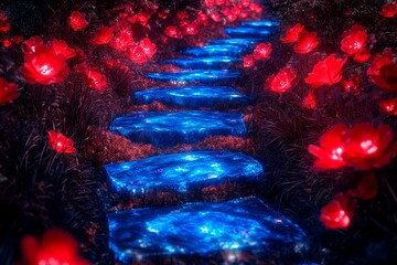 Pathway of glowing blue stones woven through vibrant red flowers at dusk
