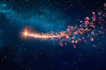 Shooting star creates a trail of blooming flowers in the night sky filled with stars