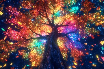 Glowing multicolored tree with leaves that defy gravity in a night landscape bathed in vibrant light
