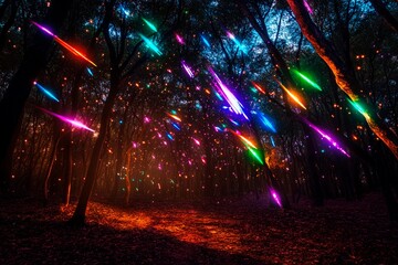 Magical forest illuminated by vibrant multicolored shooting stars at twilight