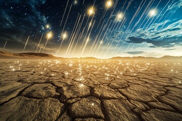Stars fall like snow in the desert as golden light illuminates the landscape at dusk