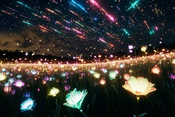 Glowing flower field illuminated by a meteor shower under a vibrant night sky