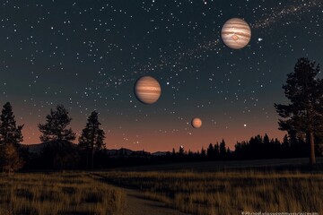 Enormous planets loom over a serene night sky filled with stars