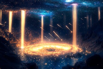 Cosmic landscape where shooting stars cascade into a vibrant galaxy under a starlit sky